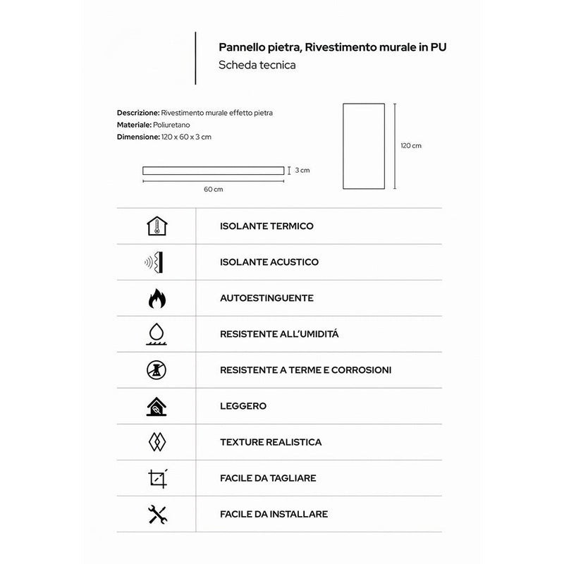 Set 10 Pannelli Decorativi Area 7,2 mq 120x60x3 cm Rivestimento Murale Effetto Pietra Naturale 3D in PU Grigio Vulcano