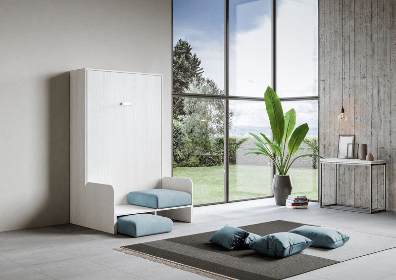 Letto Una Piazza E Mezzo A Scomparsa 120 Kentaro Con Divano Bianco Frassino e Azzurro      