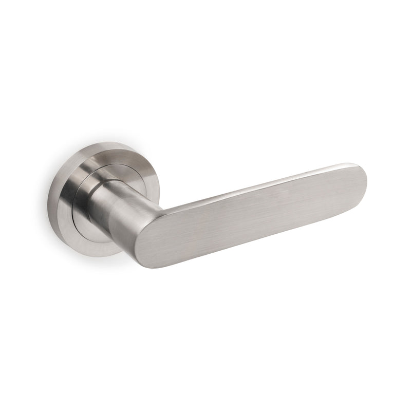 Maniglie Bunbury per Porta da Interno con Rosetta Ø50 mm Alluminio Nickel Satinato 5 Sets. Emuca
