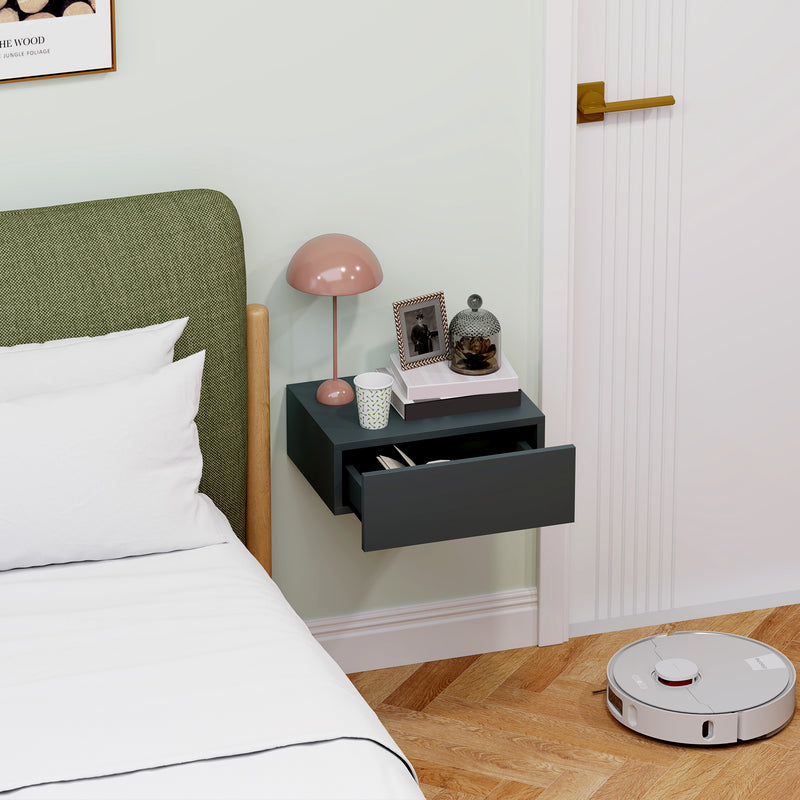 Comodino Sospeso Moderno 40x30x15 cm con Cassetto in Legno Nero   