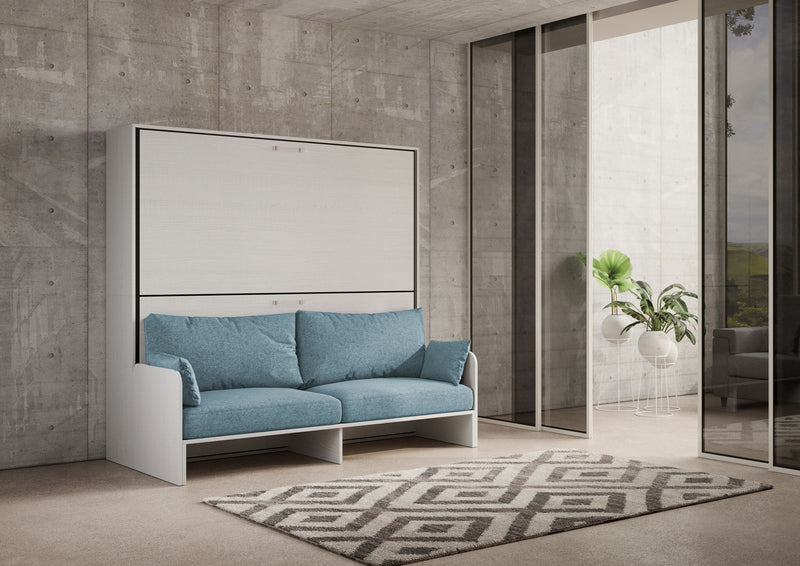 Letto Doppio A Scomparsa Kando Con Divano Con Materassi Bianco Frassino e Azzurro      