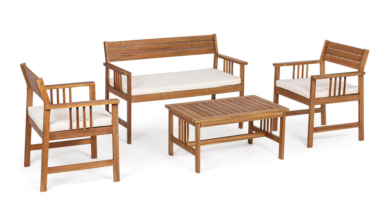 Set Salotto da Giardino Divano 2 Poltrone e Tavolino in Legno di Acacia Ecrù