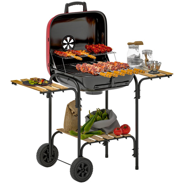 acquista Barbecue a Carbone 98x54x91 cm Coperchio con Presa d'Aria Regolabile 3 Ripiani e Ruote in Acciaio e Legno Rosso