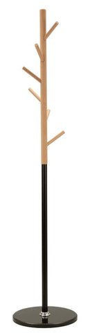 Appendiabiti da Terra Tree Ø36x172 cm in Metallo e Faggio e Marmo Nero e Marrone      