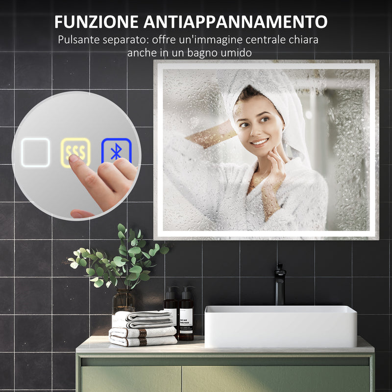 Specchio Bagno da Parete LED Antiappannamento 80x100 cm Speaker Bluetooth e Pulsanti Touch in Vetro Temperato  