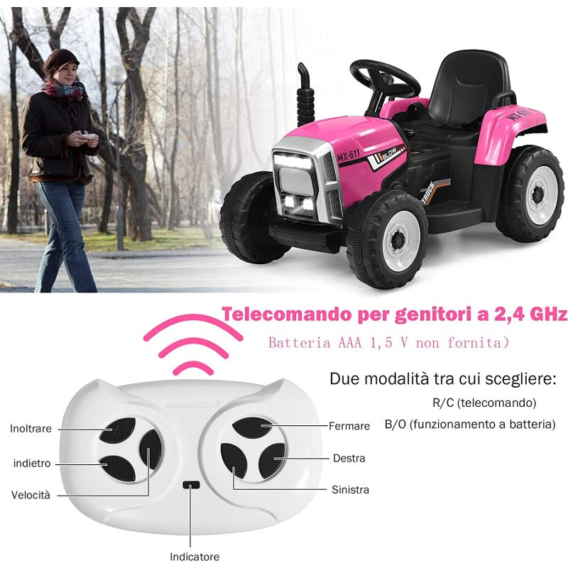Trattore Elettrico per Bambini 12V con Rimorchio Rosa