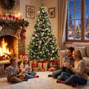 Albero di Natale Innevato Ø130x210 cm con 400 Luci LED a 2 Colori Telecomando 11 Modalità 1253 Rami Pigne e Bacche Rosse in PVC      