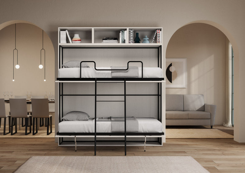 Letti Singoli a Scomparsa Composizione L Kando H223,1 Bianco Frassino con Materassi