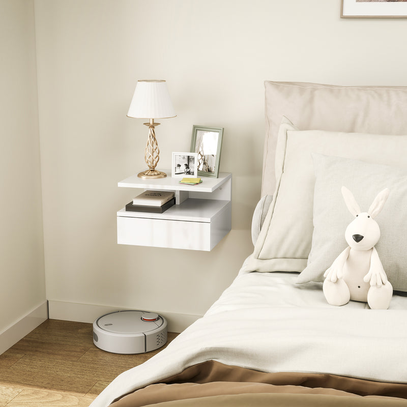 Comodino Sospeso 35x32x22,5 cm con Cassetto e Ripiano Aperto in Legno Bianco  