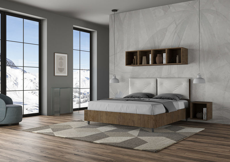 Letto Matrimoniale con Alzata Comoda Struttura Noce con Cuscini in Similpelle Appia Bianco Varie Misure