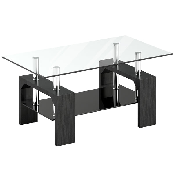 sconto Tavolino da Caffè Moderno a 2 Livelli 90x50x42 cm con Piano in Vetro Temperato in Legno e Acciaio Nero