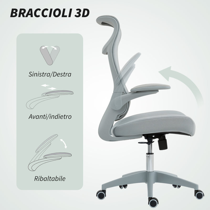Sedia da Ufficio Ergonomica con Braccioli Regolabili Schienale a Rete e Poggiatesta Grigio      