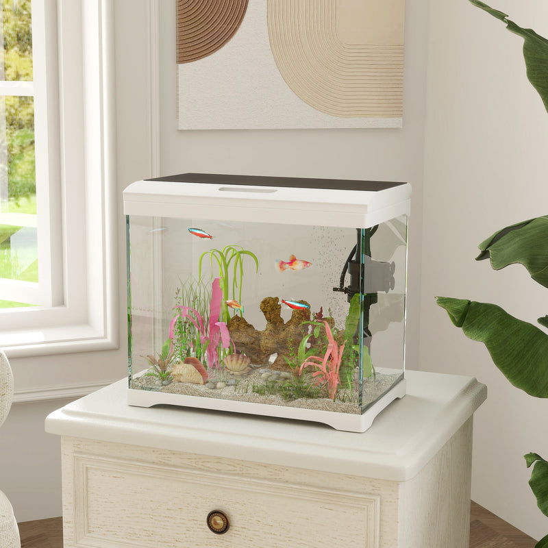 Acquario per Pesci Rossi 17L con Luci LED 35x21x31 cm Pompa d'Acqua e Sistema di Filtraggio Bianco