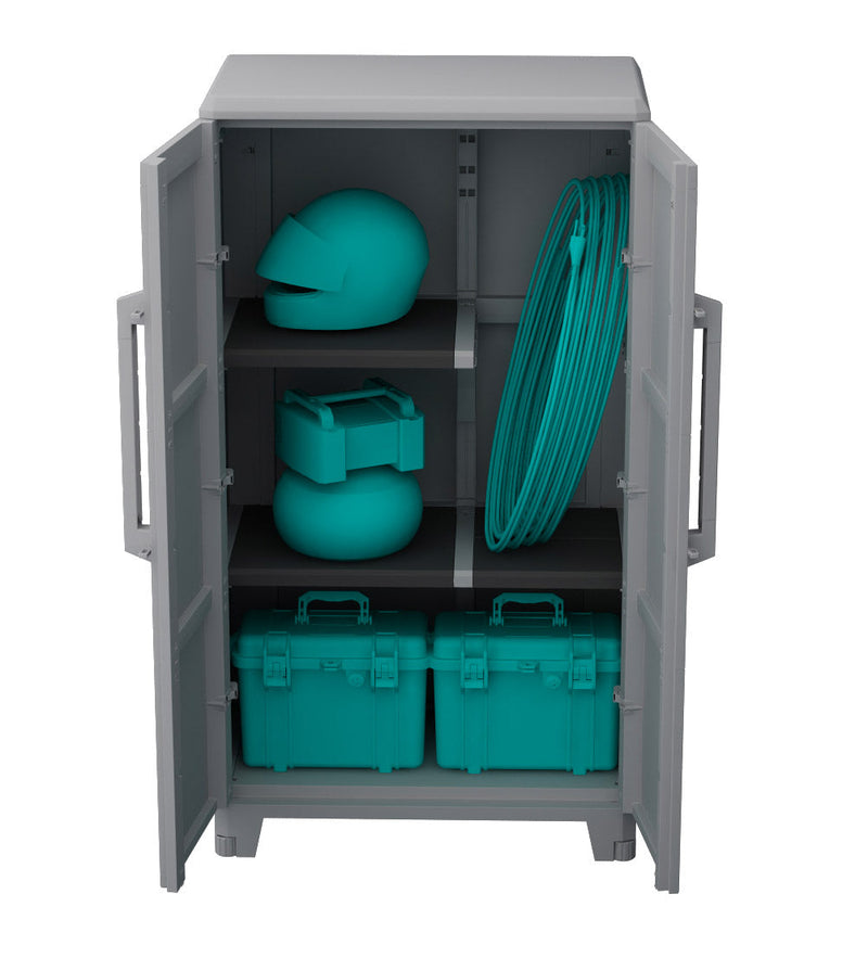 Armadio Portascope Modulare da Esterno 78x43,6x143 cm 2 Ante 2 Ripiani in Polipropilene Transforming Grigio e Nero