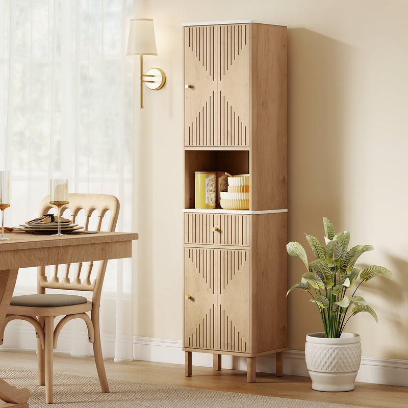 Mobile a Colonna Bagno 41,5x30x168 cm con  Ripiano Effetto Marmo e Ante Decorate in MDF Rovere      