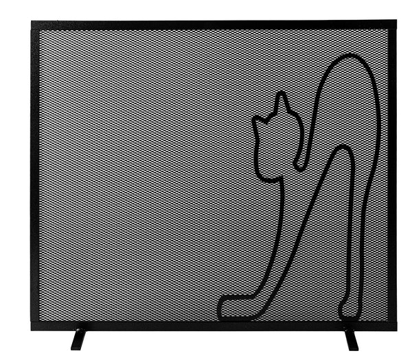 Parascintille per Camino a 1 Anta Design Gatto 60x50 cm in Ferro Verniciato Grigio Martellato sconto