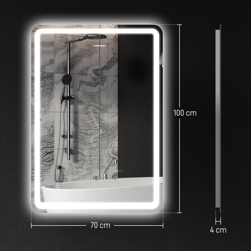 Specchio Bagno da Parete 70x100 cm con Interruttore Touch e Luce LED in Vetro Temperato Argento  