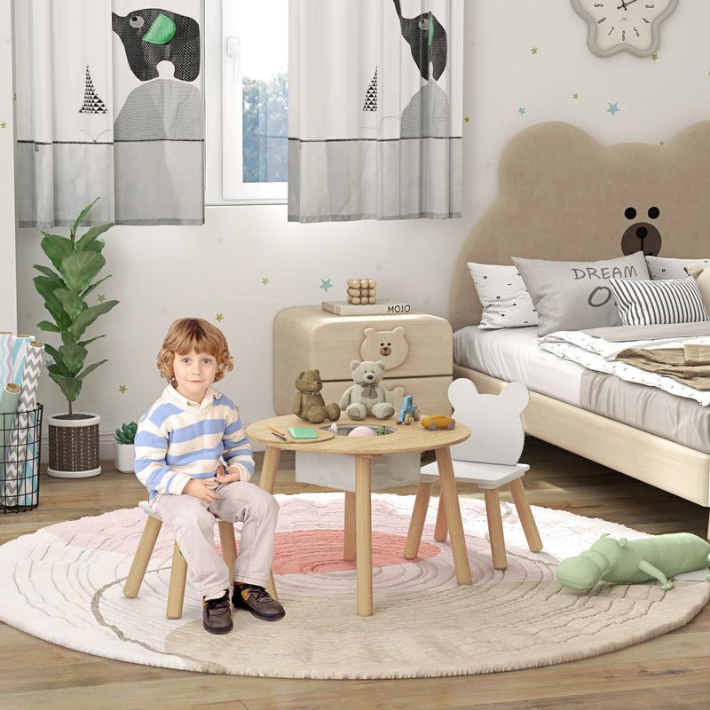 Set con Tavolo e 2 Sedie per Bambini con Schienale a Orsetto Tavolino con Vano Contenitore in MDF Bianco e Legno      