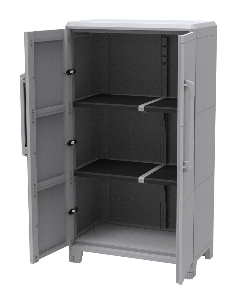 Armadio Portascope Modulare da Esterno 78x43,6x143 cm 2 Ante 2 Ripiani in Polipropilene Transforming Grigio e Nero