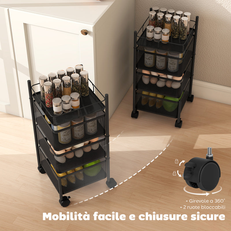 Carrello Cucina a 3 Livelli 27,5x27,5x62 cm con Cestini in Metallo Girevoli Ruote e Freno Nero      