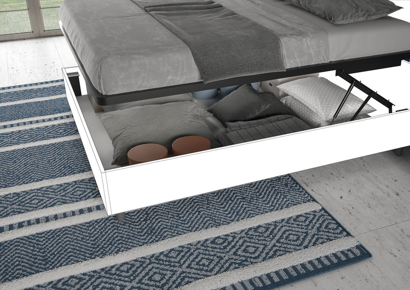 Letto Matrimoniale con Rete e Contenitore Alzata Comoda Struttura Bianco Frassico e Testata in Microfibra Kaia Blu Varie Misure