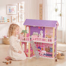 Casa delle Bambole per Bambini 3-6 Anni 64x40x69 cm a 2 Piani con 11 Mobili e 2 Bambole in MDF e Legno di Pino Rosa      