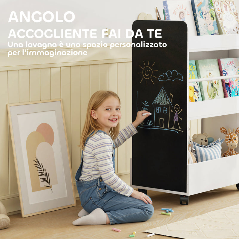 Libreria per Bambini 3-8 Anni  Scaffalea Due Lati Portagiochi con Ruote e Lavagna Nera in MDF Bianco      