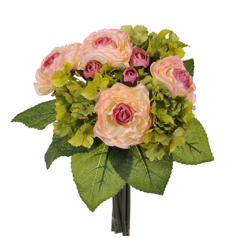 Set 3 Bouquet Artificiale di Ranuncolo e Ortensia Artificiale Altezza 31 cm Rosa