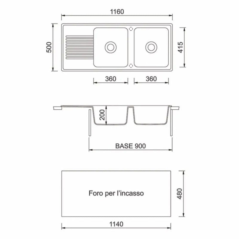 Lavello 116x50 cm 2 vasche gocciolatoio bianco Samet