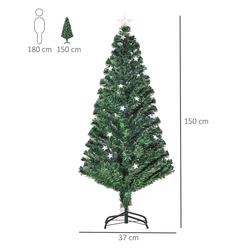 Albero di Natale Artificiale 150 cm 180 Rami 36 Luci LED e Fibre Ottiche Colorate Verde