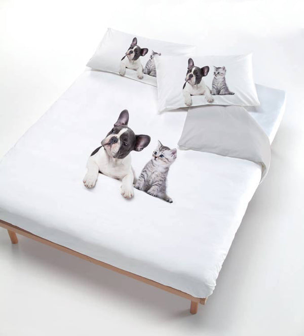 sconto Copripiumino con Stampa sul Sacco e Federe Cane\/Gatto Grigio