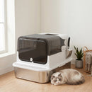 Lettiera per Gatti Chiusa 52L con Coperchio Ribaltabile Doppia Porta Paletta in Acciaio Inox Bianco      