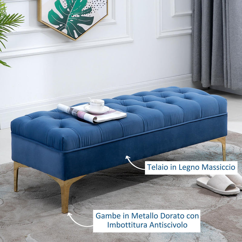 Panca Imbottita Glamour Con Piedini In Metallo Lucido, Rivestimento In Tessuto Grigio, Misura 105x40x42 Cm, Per Soggiorno, Camera Da Letto O Ingresso