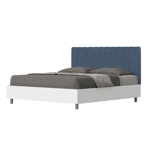 sconto Letto Matrimoniale con Rete e Contenitore Alzata Comoda Struttura Bianco Frassico e Testata in Microfibra Kaia Blu Varie Misure
