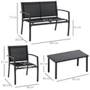 Set Salotto da Giardino Divano 2 Poltrone e Tavolino in Metallo e Tessuto Nero