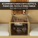 Panca da Giardino con Tavolino a Ribalta Portaoggetti 134x58x82 cm in Rattan e Acciaio Crema e Cachi  