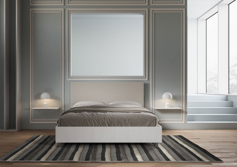 Letto Matrimoniale con Rete e Contenitore Alzata Comoda Struttura Bianco Frassico e Testata in Similpelle Level Tortora Varie Misure