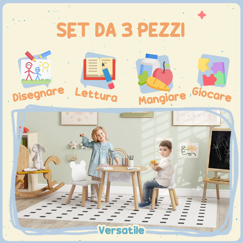 Set con Tavolo e 2 Sedie per Bambini con Schienale a Orsetto Tavolino con Vano Contenitore in MDF Bianco e Legno      