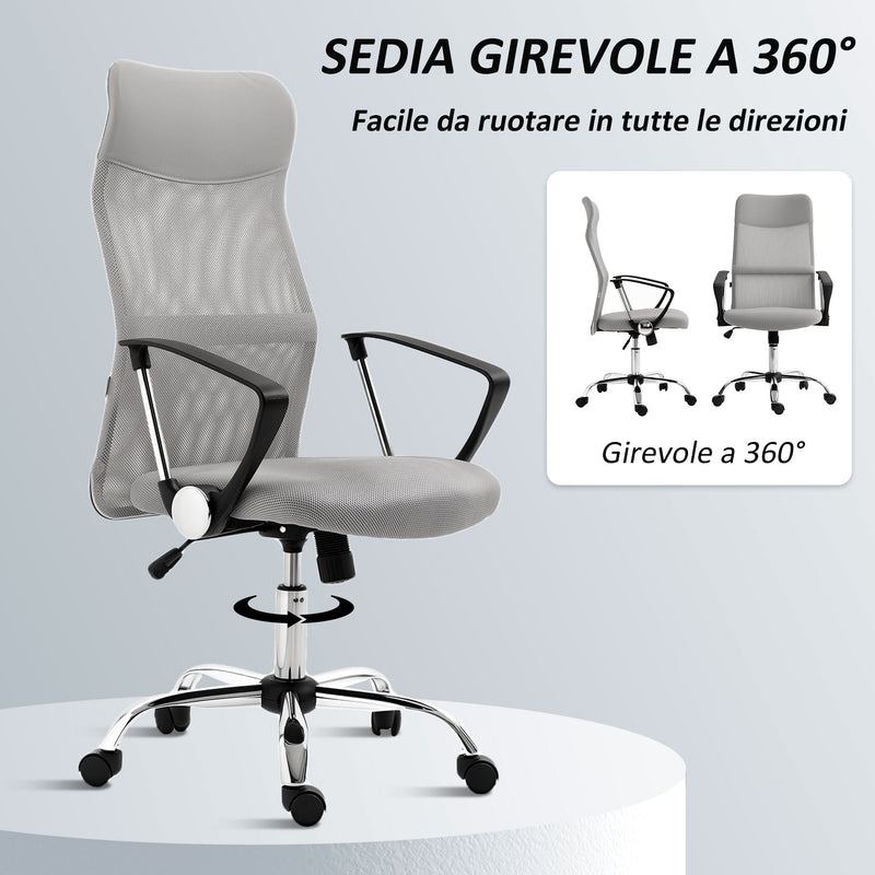 Sedia Ergonomica da Ufficio Girevole 63x65x109-119 cm con Schienale a Rete Grigio Chiaro   