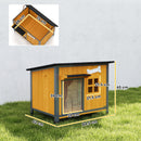 Cuccia per Cani da Esterno 84,5x62x65 cm Tetto Apribile e Tenda per Porta in Legno e Acciaio Giallo      
