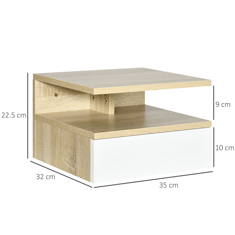 Set da 2 Comodini Sospesi con Cassetto e Ripiano Superiore 35x32x22,5 cm in Legno Bianco e Rovere