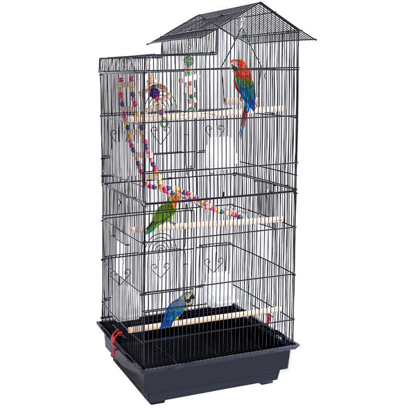 acquista Gabbia Voliera Nera per Uccelli Volatili Pappagalli con 2 Aperture e Giocattoli