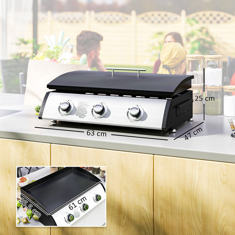 Piastra a Gas con 3 Bruciatori Potenza 7,5kW con Coperchio in Acciaio Smaltato Nero  