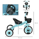 Triciclo per Bambini 70,5x50x58 cm con Seduta Regolabile e Campanello Blu  