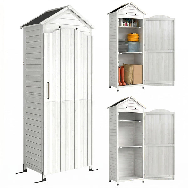 Casetta Box da Giardino 85x58x213 cm Ripostiglio con Scaffali Regolabili e Tetto Zincato in Legno Bianco sconto