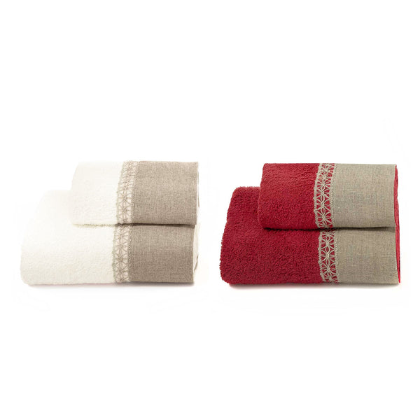 Set Spugna 4 Pezzi Asciugamani Viso + Ospite con Balza e Trina di Lino Garrini Bryanna Bordeaux sconto