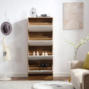 Scarpiera Salvaspazio 4 Ante a Ribalta 63x24x155h cm in Melaminico Venato a Rilievo Rovere e Bianco