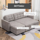 Divano Letto 3 Posti con Chaise Longue Contenitore 217x134x85 cm in Tessuto Effetto Lino Grigio