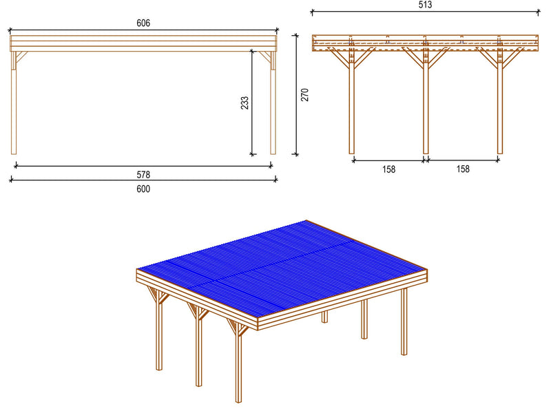 Carpot Box Auto Doppio con Copertura 605x512 cm in Legno