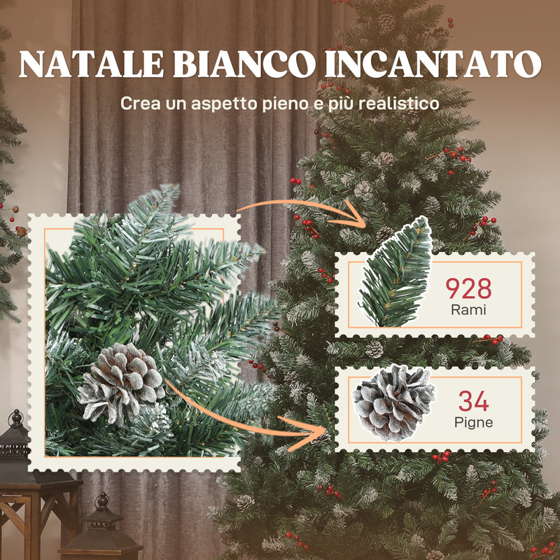 Albero di Natale Alto 210 cm 928 Rami Pigne e Bacche Rosse Base in Metallo Verde      